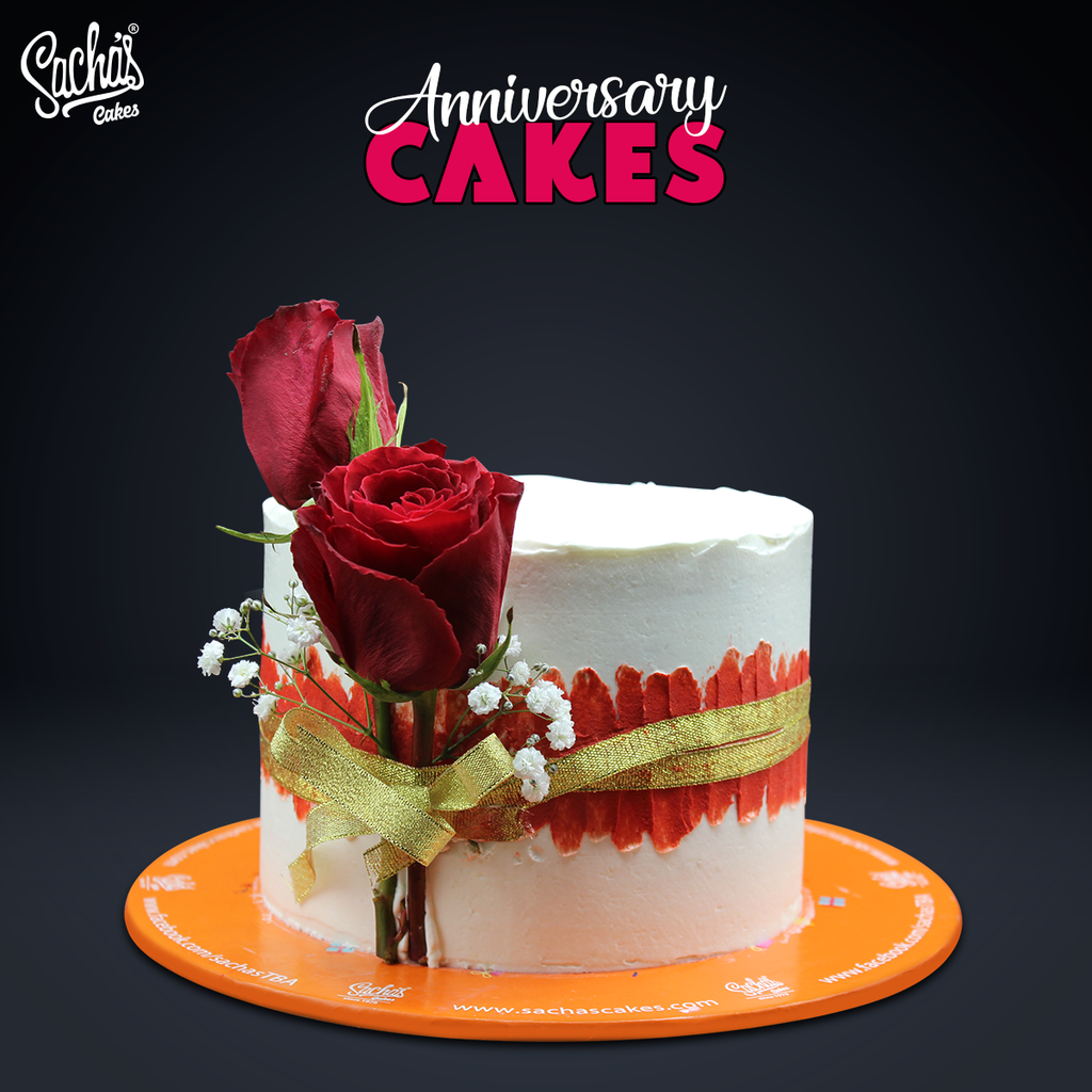 Red Roses Ribbon Theme Anniversary Cake