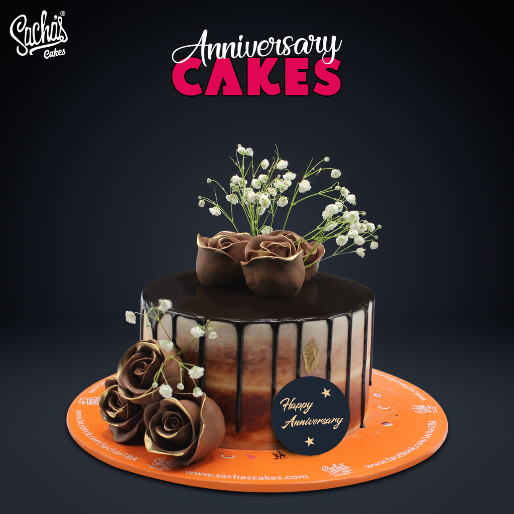 Brown theme Anniversary cake with Baby breath Flowers