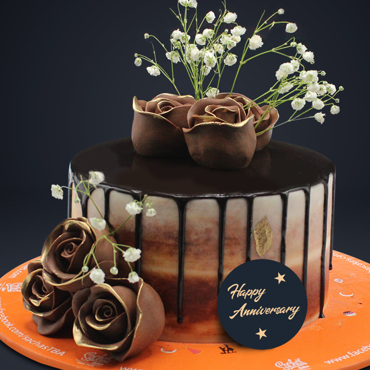 Brown theme Anniversary cake with Baby breath Flowers